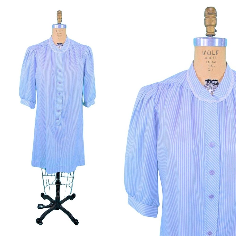 Vintage 1980s Striped Shift Dress Blue Nightgown Style Nautical | W 40"